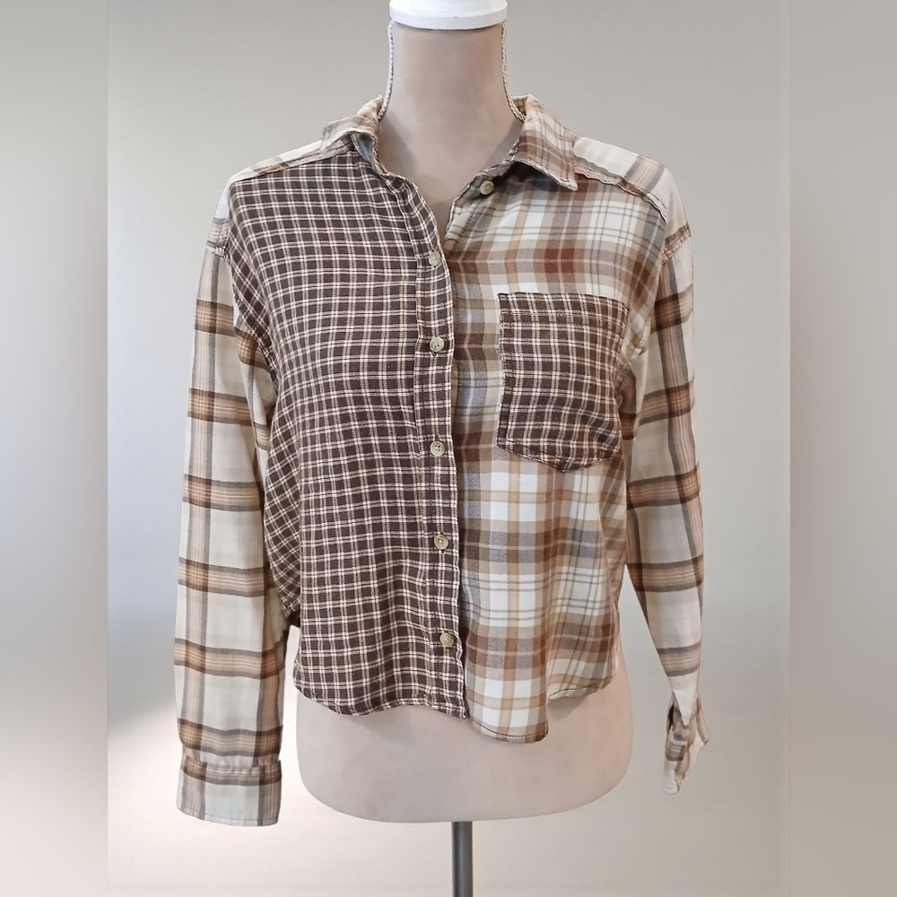 American Eagle Elbow Patch Plaid Patchwork Oversi… - image 1